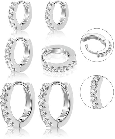 Sterling Silber 925 Creolen Damen Ohrringe Set, 3 Paar ALEXCRAFT Kleine Huggies Kreolen Creolen Ohrringe Silber Set, Kleine Creolen mit Zirkonia, Hypoallergen Silber Creolen Set Damen Herren Männer