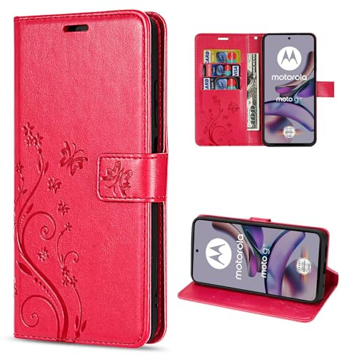 betterfon Hülle Kompatibel mit Motorola Moto G13 / G23 | Premium PU Leder Handyhülle Wallet Case für Moto G13 / G23 | Schutzhülle Blumen Klapphülle Handyhülle | Rot