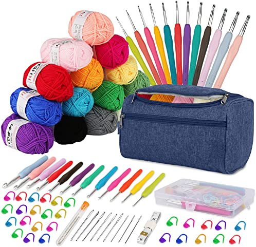 YINVA Häkelset für Anfänger 15Pcsx25g Häkelgarn Häkelnadel Set 2mm-8mm Ergonomische Häkelnadeln Crochet Set Stricken für Anfänger Set Tragbaren Tasche Strickzubehör(Blau)