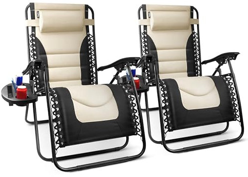 KEPLIN Set of 2 XXL Premium Heavy Duty Padded Zero Gravity Chairs - Luxurious Garden Recliners, Adjustable Headrest, Cup & Phone Holder, Foldable, Easy to Clean Patio Sun Loungers(Cream)