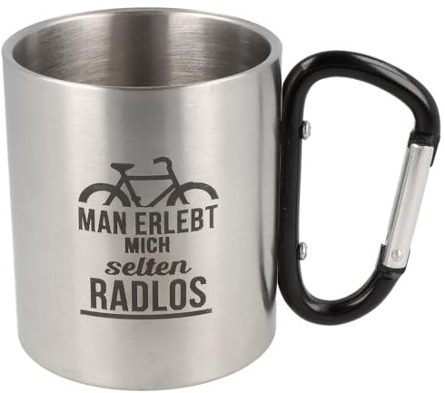 Spruchreif | Doppelwandige Edelstahltasse mit Karabinerhaken „Man erlebt mich selten radlos“ | Geschenk für Radfahrer & Mountainbiker – 300 ml