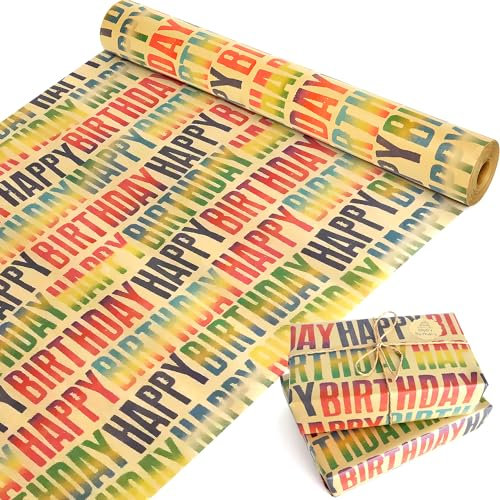 MAMUNU Rouleau de papier cadeau d'anniversaire coloré Happy Birthday - 15 m x 43 cm - Papier d'emballage cadeau pour fête DIY