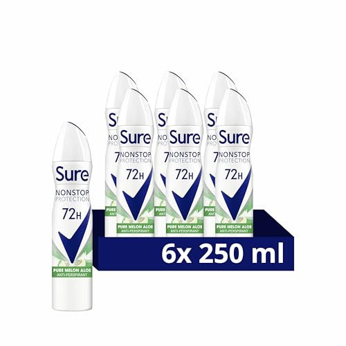Sure Nonstop Protection Pure Melon Aloe Anti-Perspirant Aerosol Women's Deodorant Spray with Body Heat Activated technology and a melon & aloe scent for 72 hour odour and sweat protection 6x 250 ml