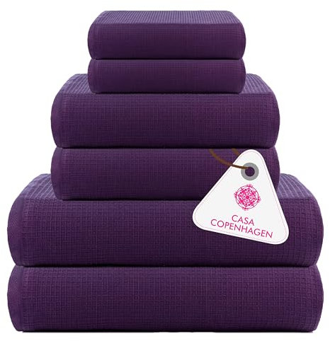 Casa Copenhagen Waffel-Frottee-Handtuch,6-teiliges Set, Baumwolle,extra groß, luxuriös, Dunkelviolett, 2 Badelaken XL, 89 x 178 cm, 2 große Handtücher, 51 x 79 cm, 2 große Waschlappen, 41 x 41 cm