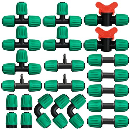 JAYEE 22 Pcs Drip Irrigation Fittings Kit for 1/2 in Tubing, Drip Line Parts for Sprinkler System - 5 Tees, 5 Couplings, 3 Elbows, 3 Barbed Lock T Connectors, 4 End Closure Plugs, 2 Switch Valves