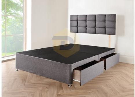 DECORE4U LTD - Luxury Grey Chenille Fabric Divan Double Bed Base with High 20” Headboard | Stylish Bed Frame with 2 Storage Drawers | Comfortable & Durable