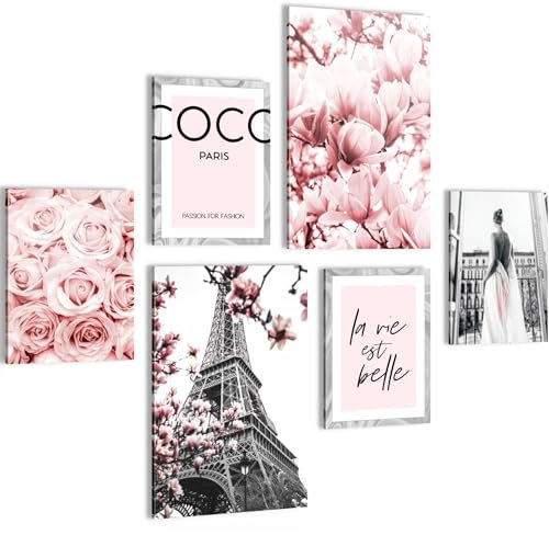 Novart Wandbilder Set Fashion Coco Paris Grau Rosa - KEIN EXTRA RAHMEN BENÖTIGT - Modern Deko - Wohnzimmer Mädchen Teenager N002467a