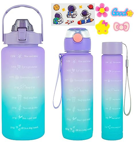 Fyeme Juego de 3 botellas de agua de 2 l, 700 ml, 300 ml, a prueba de fugas, con pajita, sin BPA, botella deportiva con marcador de tiempo con asa portátil para gimnasio, escuela, exterior, oficina