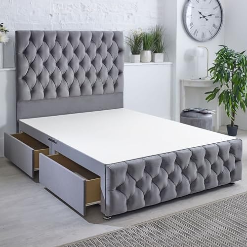 ComfoRest - Elegant 6FT Super King Divan Base with Headboard & 4 Drawers | Sturdy Frame with Storage Solutions | Practical Design for a Stylish and Organised Bedroom (Grey Plush)