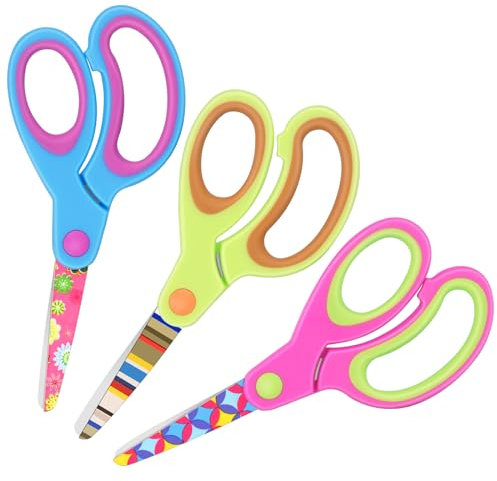 Vutyvve Kinder Schere mit gemusterten Kinderschere, stumpfe Spitze Sicherheit Kinder Handwerk Schere, Edelstahlklingen, weiche Griffe, rosa, blau, Obst grün 3 Paare