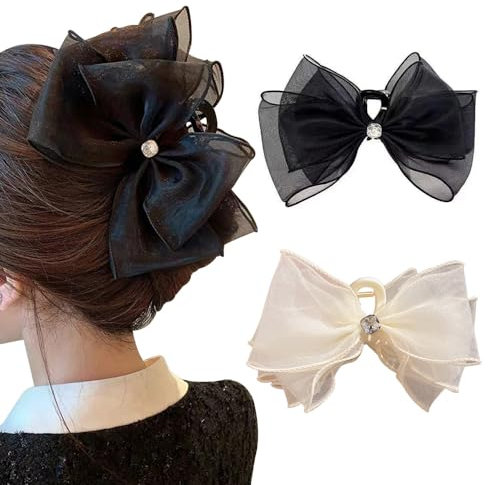 TOFBS 2 Pezzi Fermagli per Capelli con Fiocchi in Rete con Strass Pinze per Capelli Antiscivolo Elegante Fiocco Fermaglio Capelli Accessori per Donne e Ragazze