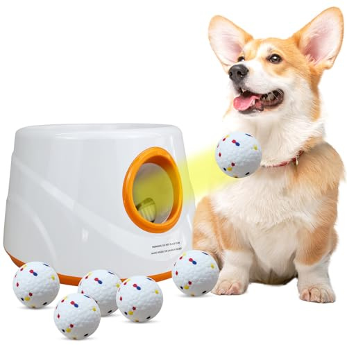 YXX-TECH Automatic Ball Launcher for Dogs with 6pcs 2.3 Inch Etpu Tennis Balls,Thrower Distance 20-45ft,interacive Dog Toys for Indoor/Outdoor for Small Or Medium Dogs (White)