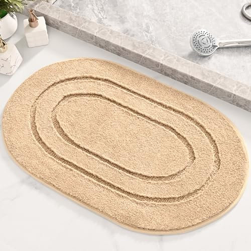 Lifup Weich Badezimmerteppich, Flauschige Badvorleger, rutschfest Hochflor Mikrofaser Badematte, Saugfähig Badteppich Oval für Badezimmer Beige 40 x 60 cm