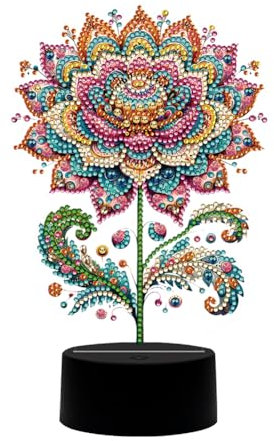 Demiawaking Diamond Painting Nachtlicht Tischdeko Tiere, Diamant Malerei Nachttischlampe Tischlampe LED Deko Set, DIY 5D Diamant Painting Lampe für Kinder Geburtstag Geschenke (Blumen 02)