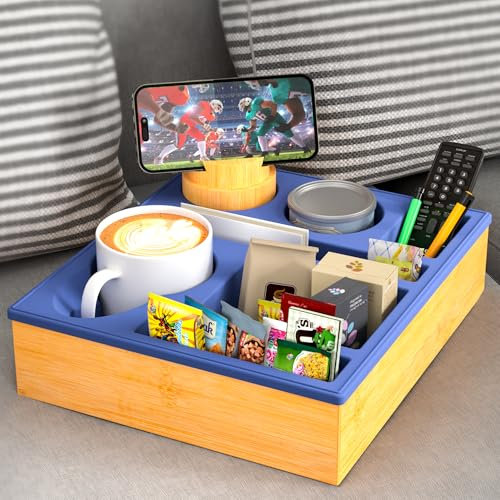 Couch Cup Holder Tray - Couch Organizer Caddy, Silicone Beach Caddy with Cup Holder, Sofa and Bed Drink Holder and Couch Tray Table for Snacks Beverage Remote (Blue)