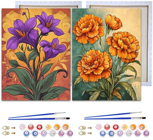 Reofrey Enmarcado Pintura por Numeros Adultos Flor - 2Piezas 20x30cm Cuadros Para Pintar Por Numeros Incluye Pinceles Y Acrílicos - Arte Relajante Para Principiantes, Decoración Del Hogar