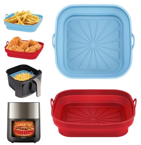 Alyvisun Moldes Silicona Freidora de Aire, 2 Piezas Bandeja Accesorios para Freidora sin Aceite Reutilizable Recipientes Cuadrado Cesta Utensilios para Air Fryer, Microondas, Horno (Rojo+Azul Cielo)