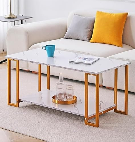 Hallowood Furniture Kempley Coffee Table with Marble Effect Top & Gold Metal Legs, Living Room Furniture White Marble Coffee Table with Shelf, Centre Table Living Room