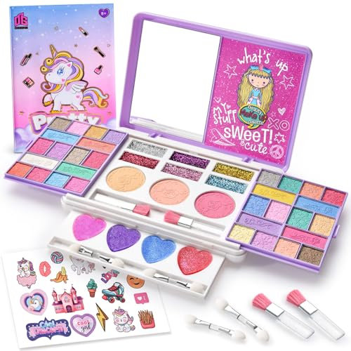 Toylink Faltbar Schminkkoffer Mädchen Kinderschminke Waschbar Einhorn Make Up Schminkset mit Lidschatten Lipgloss Rouge Glitzer Kosmetikkoffer Rollenspiel Spielzeug Geschenke Mädchen 6 7 8 9 10 Jahre
