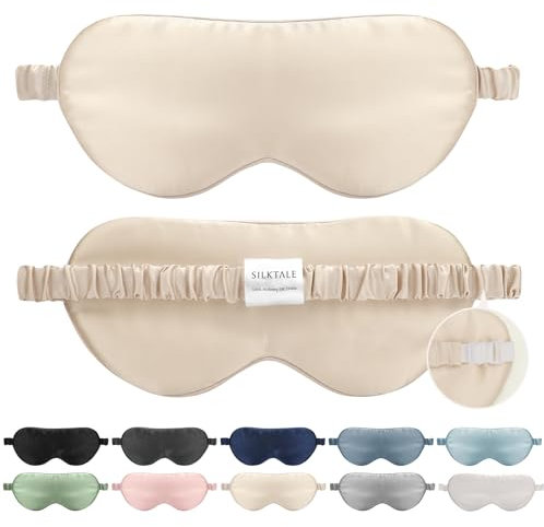 SILKTALE Schlafmaske Seide für Herren Frauen,19 Momme 100% Maulbeerseide Augenmaske für Seitenschläfer, Lichtblockierende Seiden Schlafbrille mit Verstellbares Gummiband für Reisen,Beige