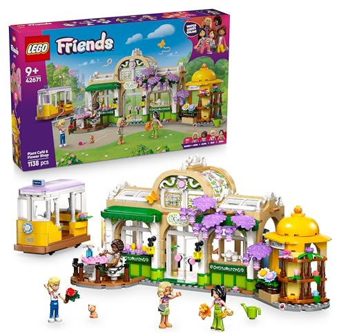 LEGO Friends Pflanzencafé und Blumenkiosk - Spielzeug mit 4 Minifigur, 1 Katzenfigur, Straßenbahn und Küchenzubehör - Gebäck, Tassen & Teekanne – Geburtstagsgeschenk für Mädchen ab 9 Jahren – 42671