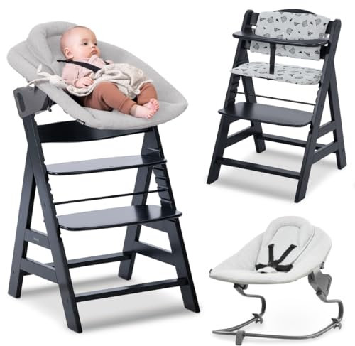 Hauck Alpha Plus Black 4-tlg. Newborn Set Premium - Hochstuhl + 2in1 Babyaufsatz & Wippe + Sitzkissen - Light Grey