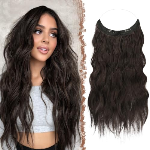 FESHFEN Secrets Hair Extensions Lange Gewellt Haarverlängerung Invisible Secret Haarextension Synthetik Haare Unsichtbarem Haarteile für Frauen 40 cm Dunkelbraun