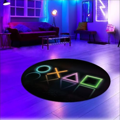 CARPETIA Teppich Rund Zocker-Setup rutschfest pflegeleicht flach strapazierfähig saugrobotergeeignet Gamer-Zimmer Gaming stylisch langlebig modernes Dekor Optik in Schwarz & Neonfarben 160 cm