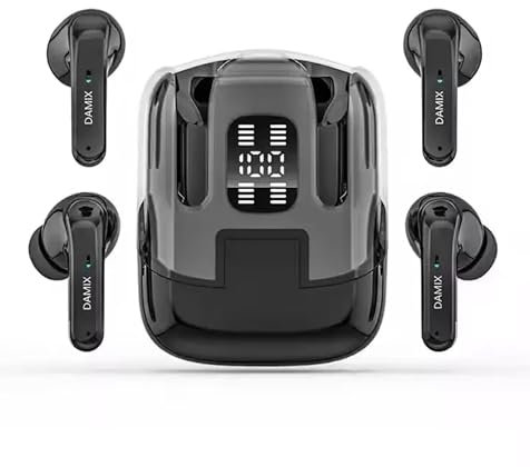 DAMIX Wireless Earbuds, Bluetooth 5.5, 4 ENC Mics, LED Display Case, Dual Headphone Sets, Black