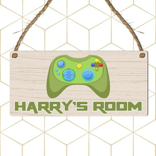 Custom Kids Room Name Plaque | Personalised Boys Bedroom Sign | Wooden Hanging Door Sign | Car Theme or Gaming Controller Gamer Design (Green Controller)