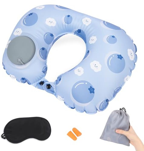 Niuoppy Cooling Inflatable Travel Pillow, Blow up Neck Pillow for Travel, Lightweight Inflatable Neck Pillow for Airplane with Eye Mask and Earplugs (Blue)