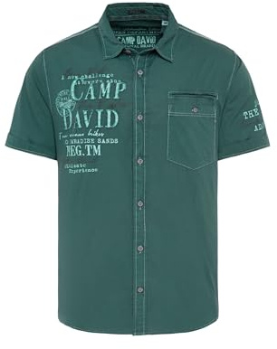 Camp David Herren Leichtes Kurzarmhemd mit Artworks und Brusttasche Evergreen, L