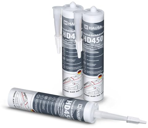 Hausa Kautschuk Dachdichtstoff HD450 Schwarz 3x 300ml dauerelastische Dichmasse & Kleber für Dach Dachrinnen Trapezblech Dachfolien Dachbahnen, wetterfest, kompatibel mit Bitumenwerkstoffen