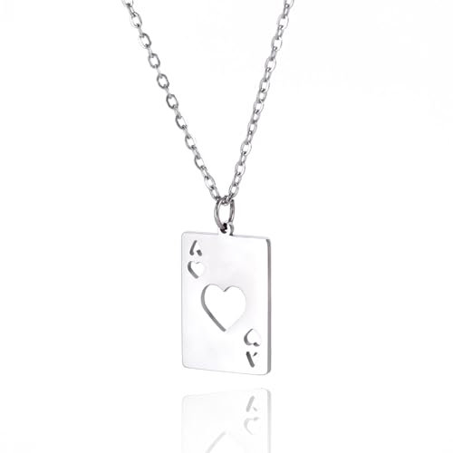 YIQPKUM Einzigartig Herz Ass Spielkarte Halskette Edelstahl Durchbrochen Poker Symbol (Versilbert)