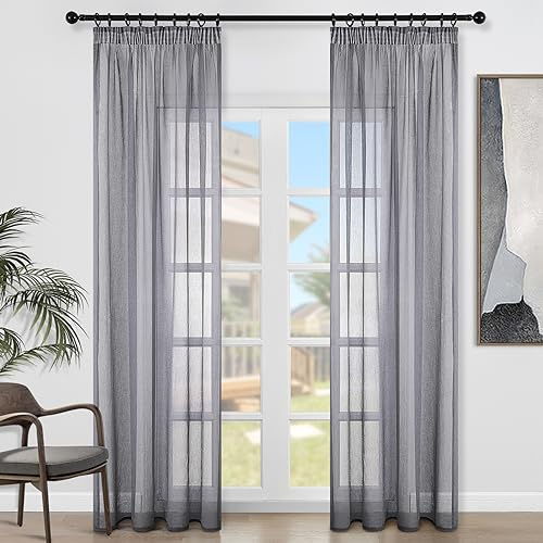 Topfinel Voile Vorhänge Leinenstruktur mit Kräuselband Lichtdurchlässig Einfarbig für Fenster Wohnzimmer Schlafzimmer Moderne und Elegante Gardine 2er Set je 245x140cm (HxB) Dunkelgrau
