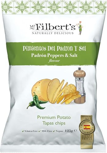 Mr Filbert’s Padron Peppers and Sea Salt Crisps, Spanish Hand Cooked Potato Chips, Savoury Crisps with Light Pepper Flavour, 125g