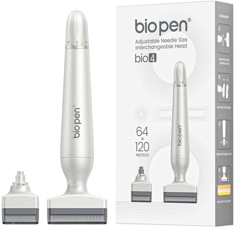 P-Beauty Derma Stamp Pen BIO4 - Microneedling Gerät - Dermapen mit 2 Aufsätzen 64 & 120 Nadeln, einstellbarer Nadeltiefe 0-3mm - Mesoroller für Falten, Narben, Poren, Anti-Aging, Cellulite, Anti-Aging