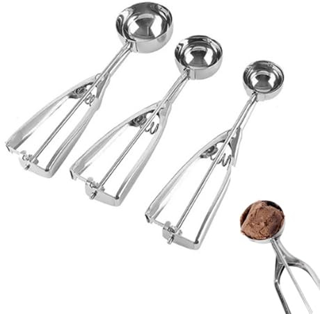 Melon Baller Scoop, Melon Baller, Ice Cream Scoop with Easy Trigger, Set of 3 Cookie Dough Scoops for Baking, Cookie Scoops for Cupcake Ice Cream Waffle Fruit(Silver)