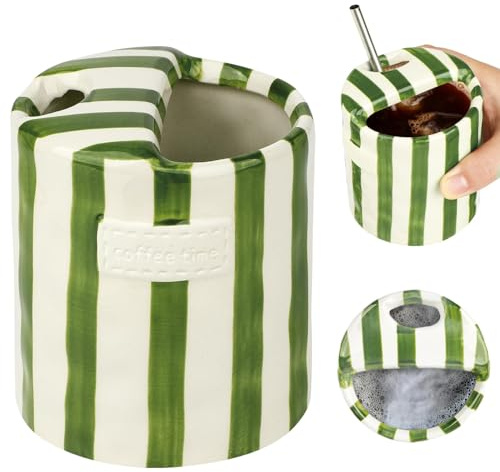 Tasse à café en céramique 300ml, tasse à café drôle peinte à la main style artistique rayé vert, mug café rétro pour Bureau à La Maison,tasse céramique polyvalente, cadeau pour amateurs de café