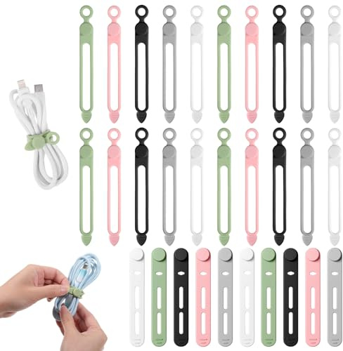 XLIUAX 20Pcs Cable Ties, Adjustable Silicone Cable Tidy Reusable Cord Organizer Elastic Cables Tidy Clips for Home Office Kitchen Earphones Chargers USB Computer Cords