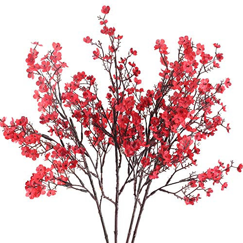 HUAESIN 4pcs Künstliche Blumen Rot Kunstblumen Pflaumenblüte Trockenblumen Zweige Getrocknete Blumen Plastikblumen Deko für Hochzeit Party Vase Winter Zuhause Tischdeko Dekoration