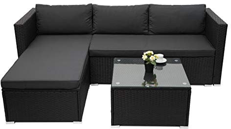 Mendler Poly-Rattan Garnitur HWC-F57, Balkon-/Garten-/Lounge-Set Sofa Sitzgruppe - schwarz, Kissen dunkelgrau ohne Deko-Kissen