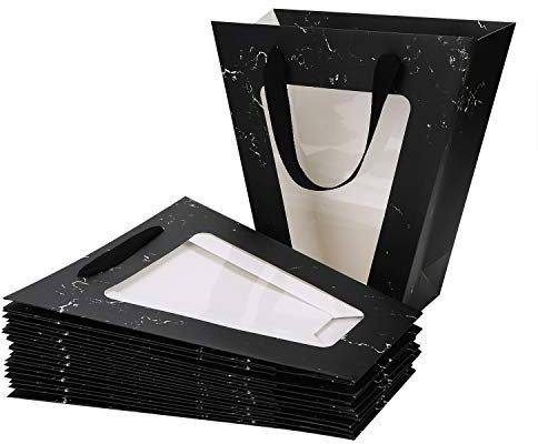 10 Stück Papiertüten Geschenktüten Trapez Papiertragetaschen mit Griff Kraftpapier Geschenktasche Transparentes Fenster Papierbeutel für Blumen Puppe Papiertaschen Kraftpapiertüten Partys Geburtstag