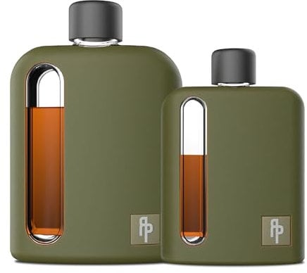 Ragproper Moderner Flachmann aus Glas für Whiskey und Spirituosen (Single Shot 100 ml + Double Shot 240 ml, Silikon, Militärgrün)
