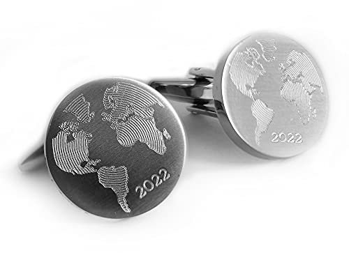 Personalisierte Manschettenknöpfe mit Weltkarte und Ihrer individuellen Gravur - Edelstahl matt