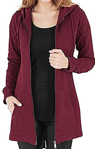 Tuopuda Donna Felpe con Cappuccio Giacca Elegante Scollo a V Top Manica Lunga Cardigan Felpe con Zip 2 Tasche Autunno Invernali Sweatshirt Cappotto Eleganti Pullover Hoodie Jumper, Vino Rosso, XL