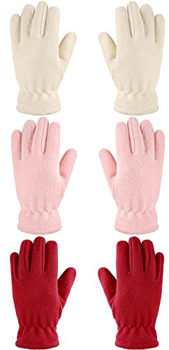 Geyoga 3 Paar Kinder Vlies Handschuhe Vollfinger Fäustlinge für Jungen Mädchen (Hellrosa, Beige, Rot, M (8-12 Jahre))
