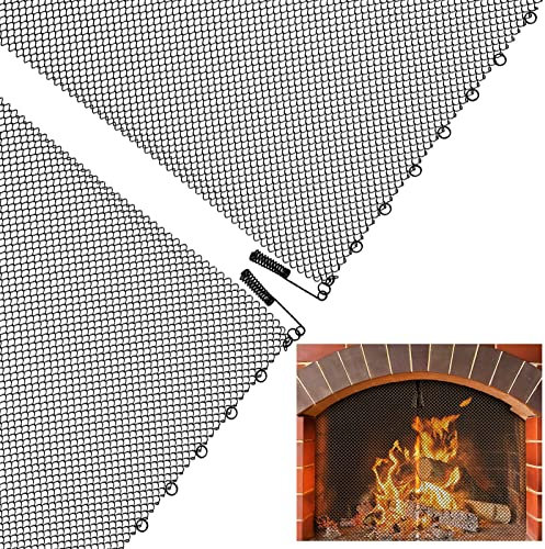 2 Packungen Kaminnetz-Vorhang - 48,3 cm H × 61 cm B dekoratives Scroll-Design Funkenschutzkette mit 2 Zügen, hängende Ersatzsiebe für Holzverbrennung und Kamin