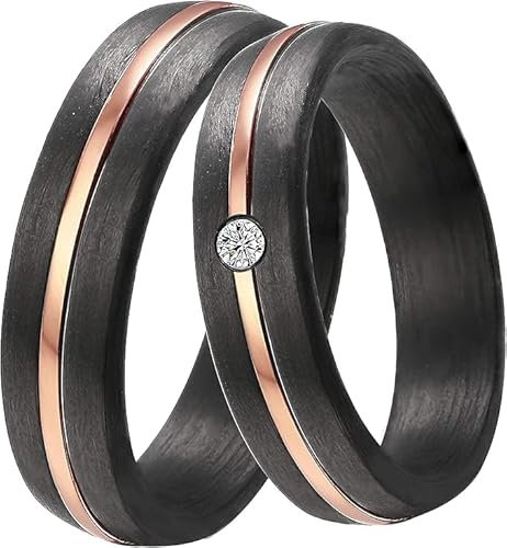 DOOSTI Damen Herren Ring schwarzes Carbon mit Edelstahl in Rosegold als Partnerring Ehering Trauring (Ring ohne Zirkonia, 60)