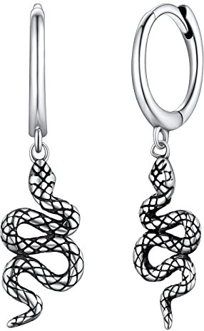 FOCALOOK Damen 925 Sterling Silber Baumeln Ohrringe 9mm kleine Creolen mit Schlange Charm Street Style Ohrringe Ohrschmuck Accessoire für Frauen